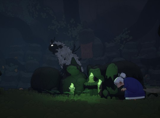 Elderly witch Gertie and her creature companion exploring a mystical cave in Coven of the Chicken Foot.