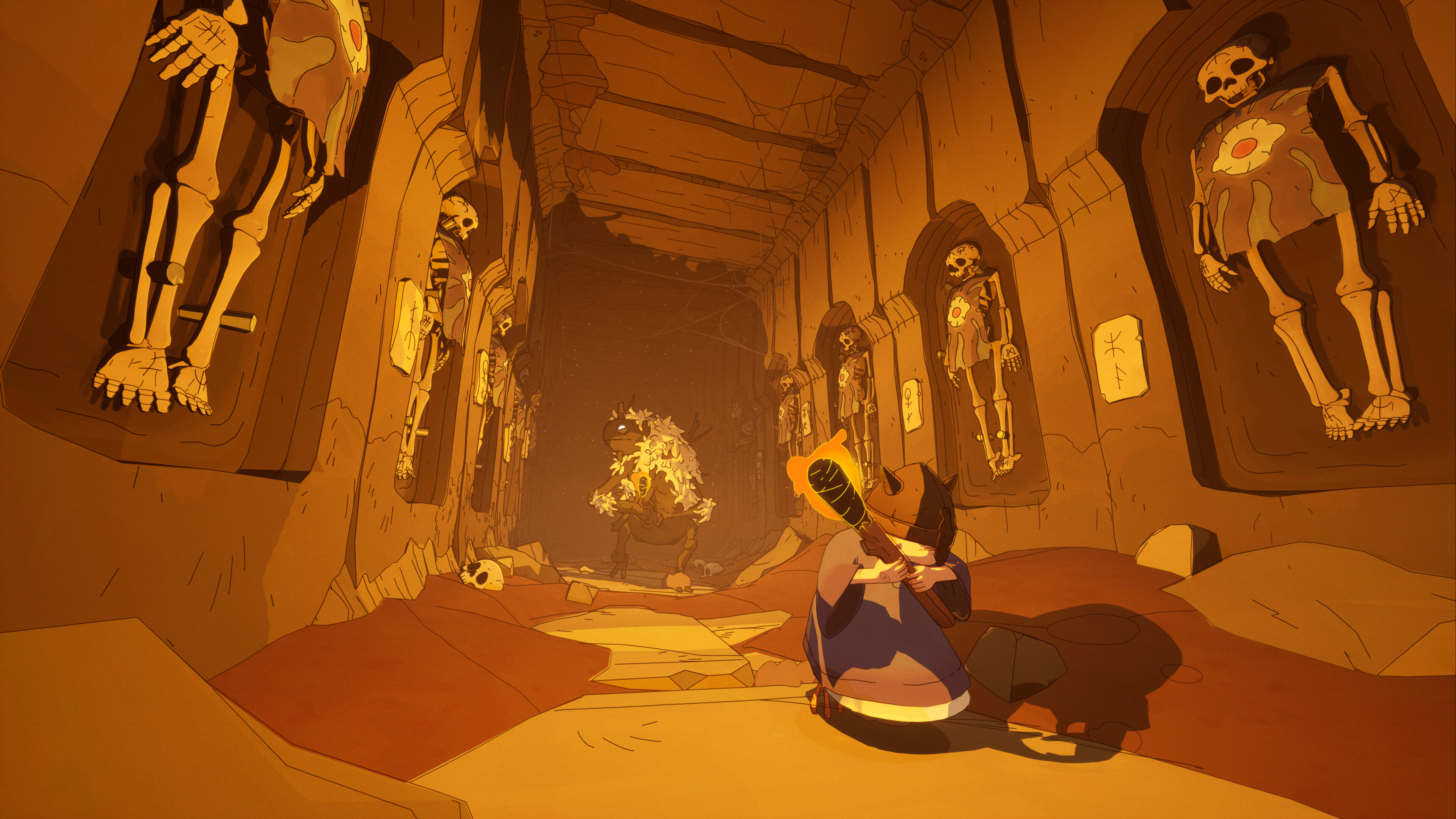 Elderly witch Gertie exploring a spooky dungeon in Coven of the Chicken Foot