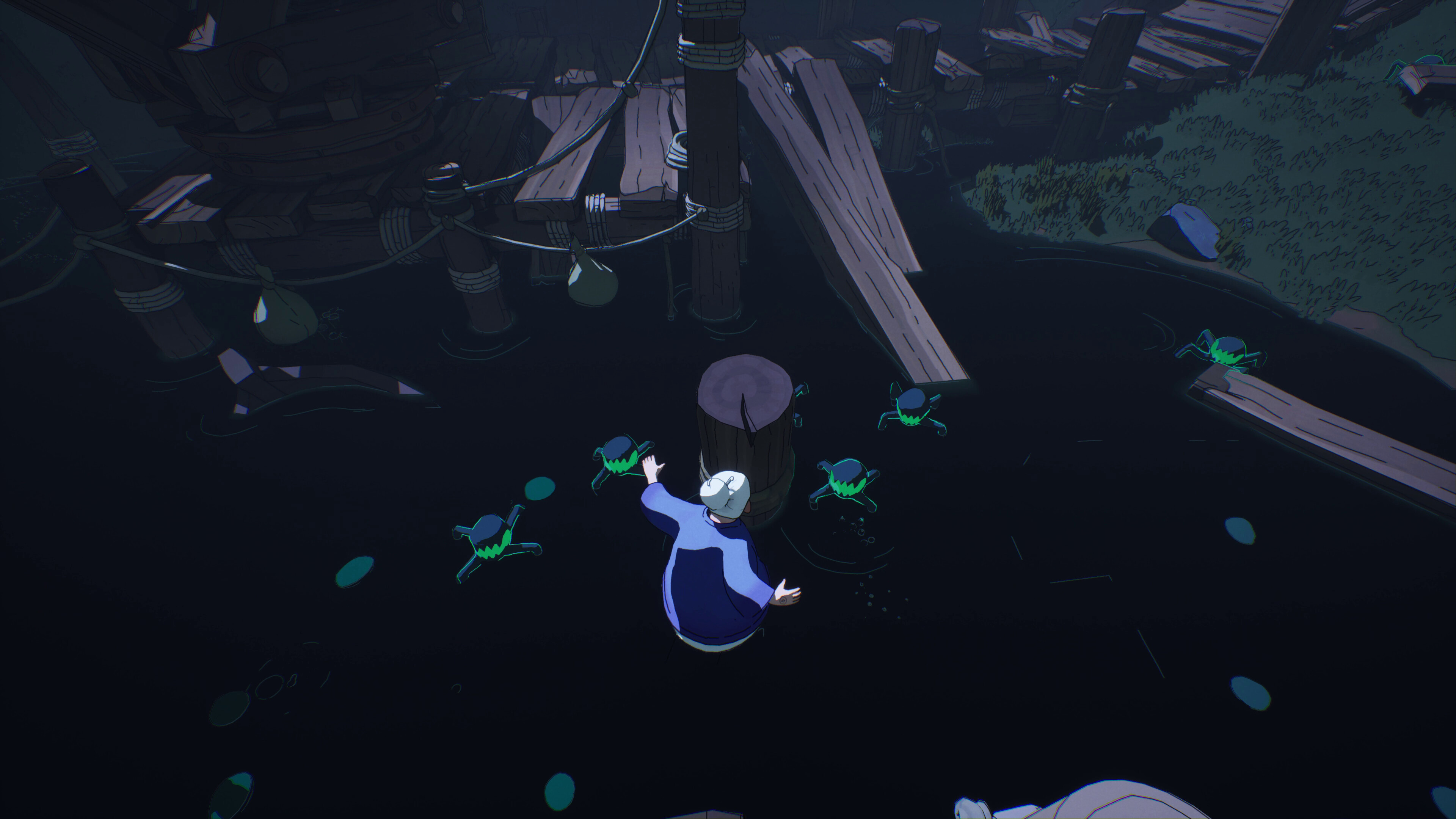 Elderly witch Gertie navigating a dark water scene in Coven of the Chicken Foot