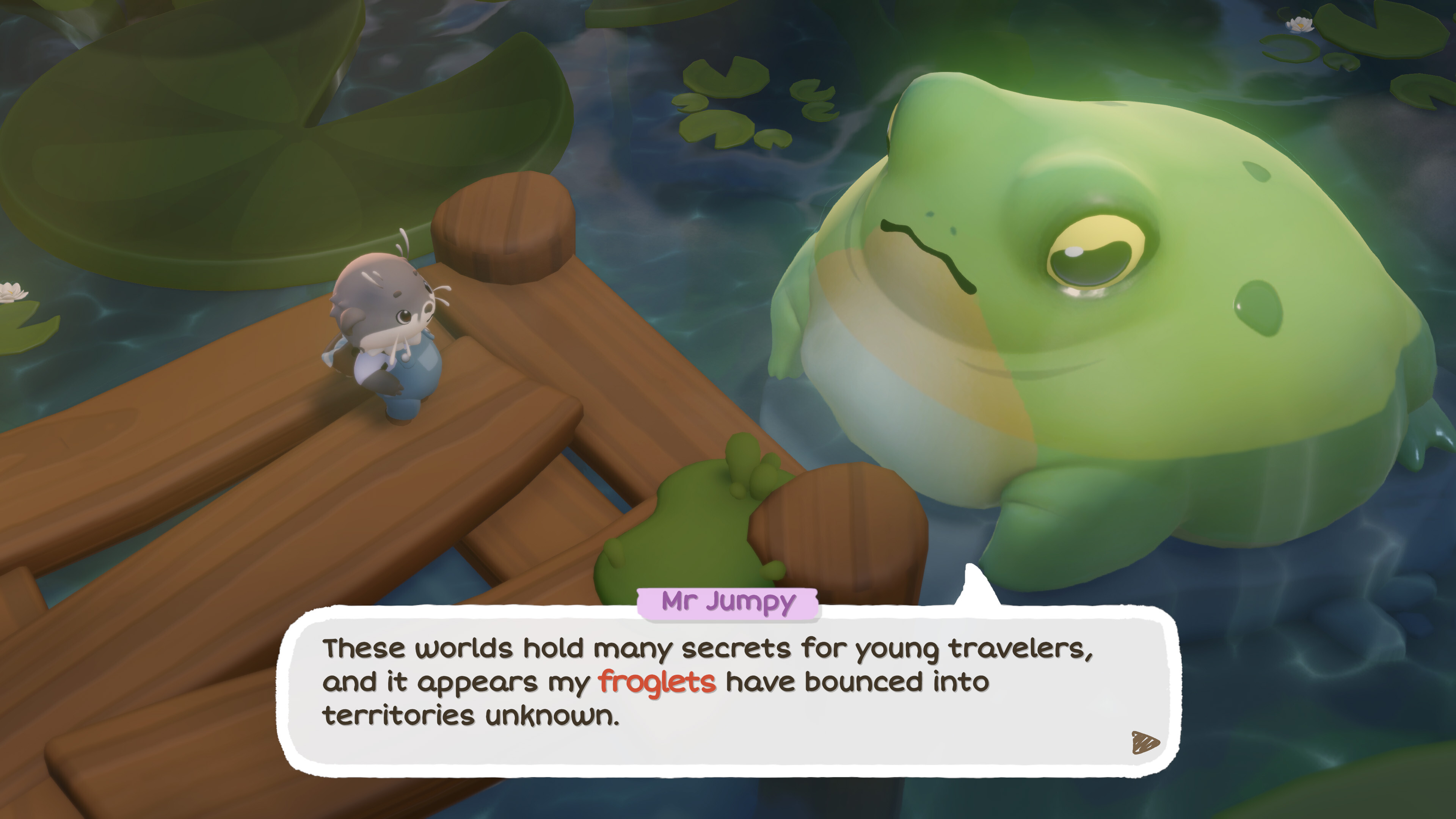 Cozy Caravan trailer scene featuring Mr. Jumpy and a large frog character