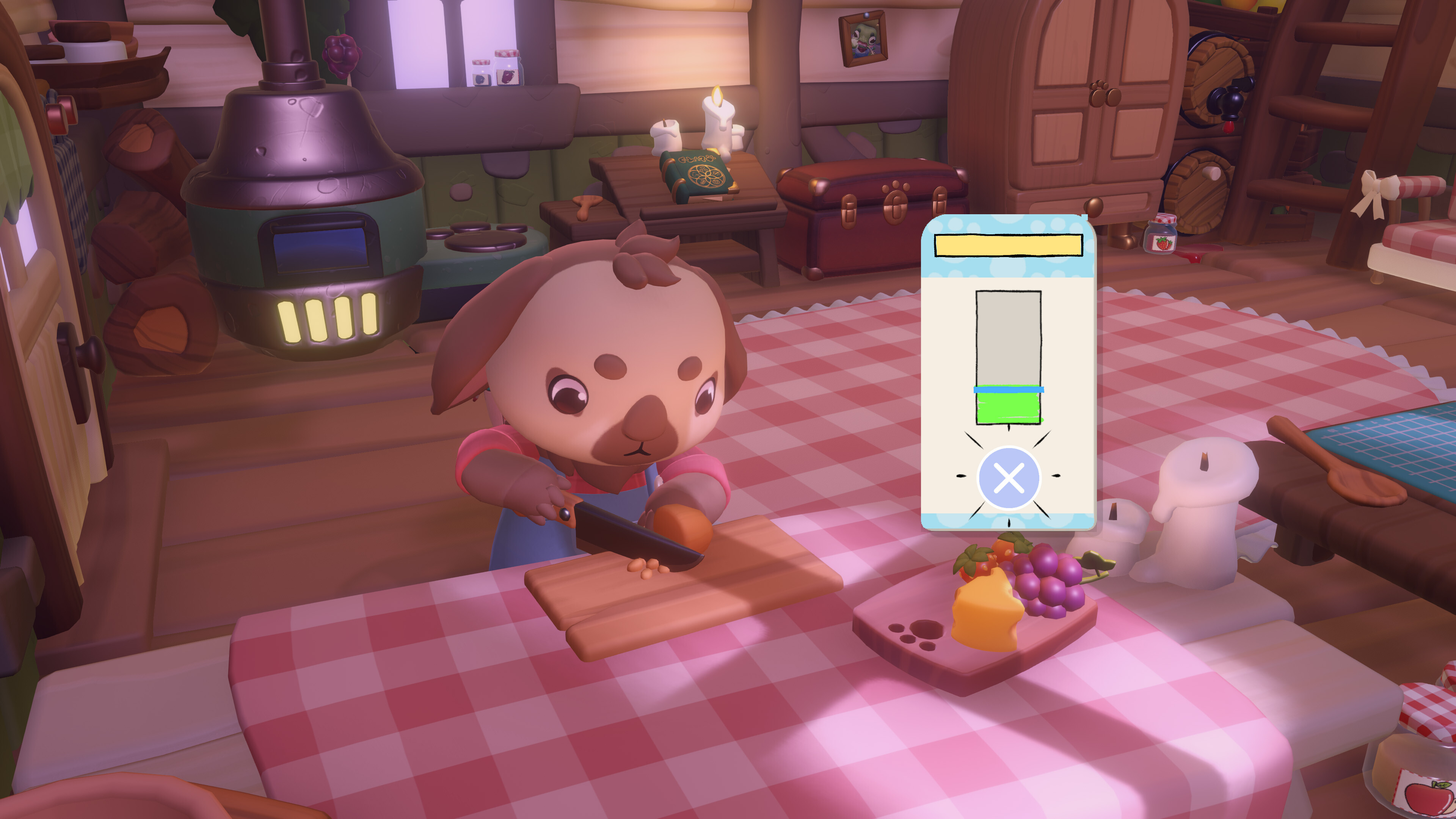 Cozy Caravan gameplay featuring a character cooking in a charming kitchen.