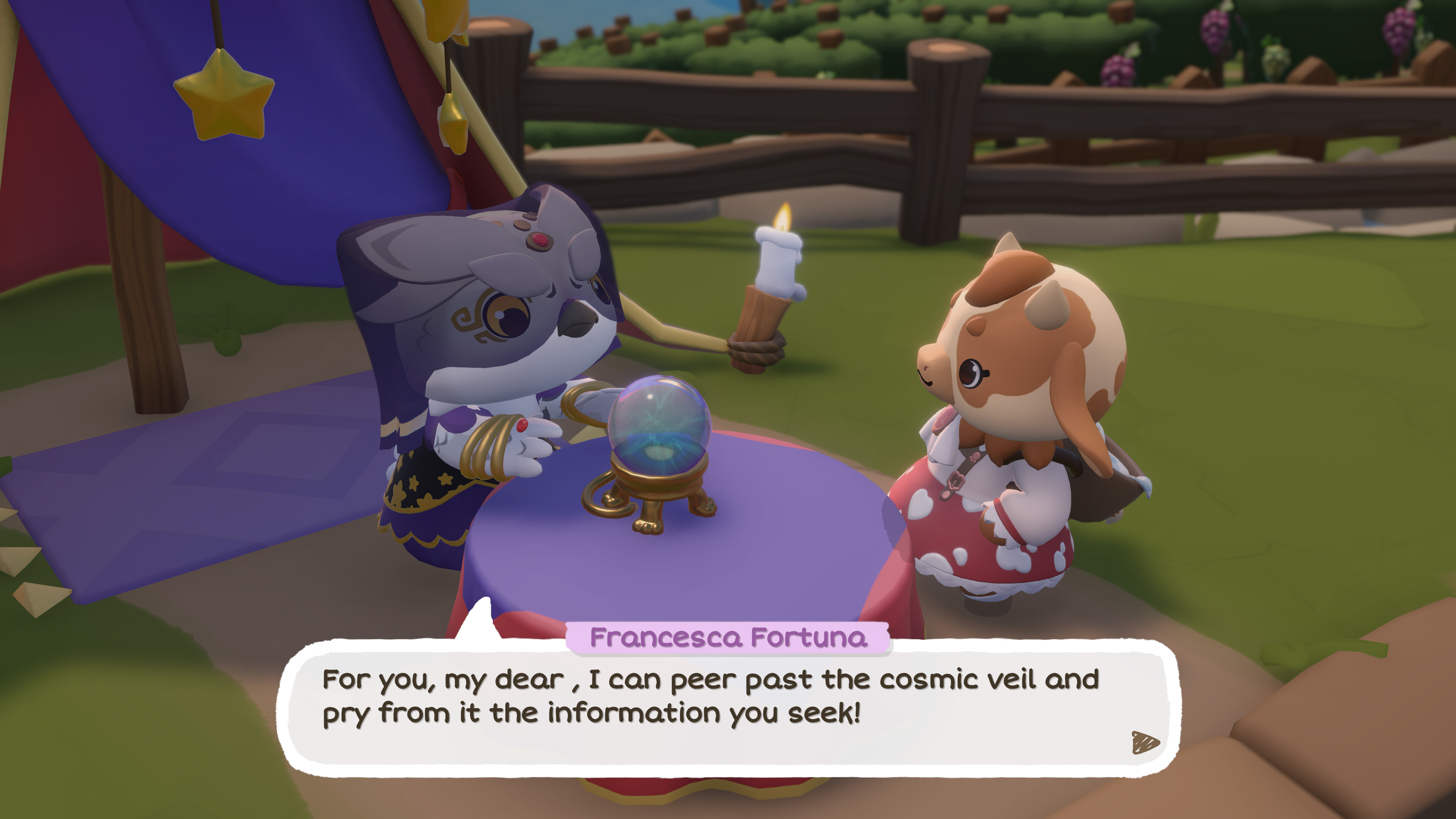 Two characters interacting at a table with a crystal ball in Cozy Caravan