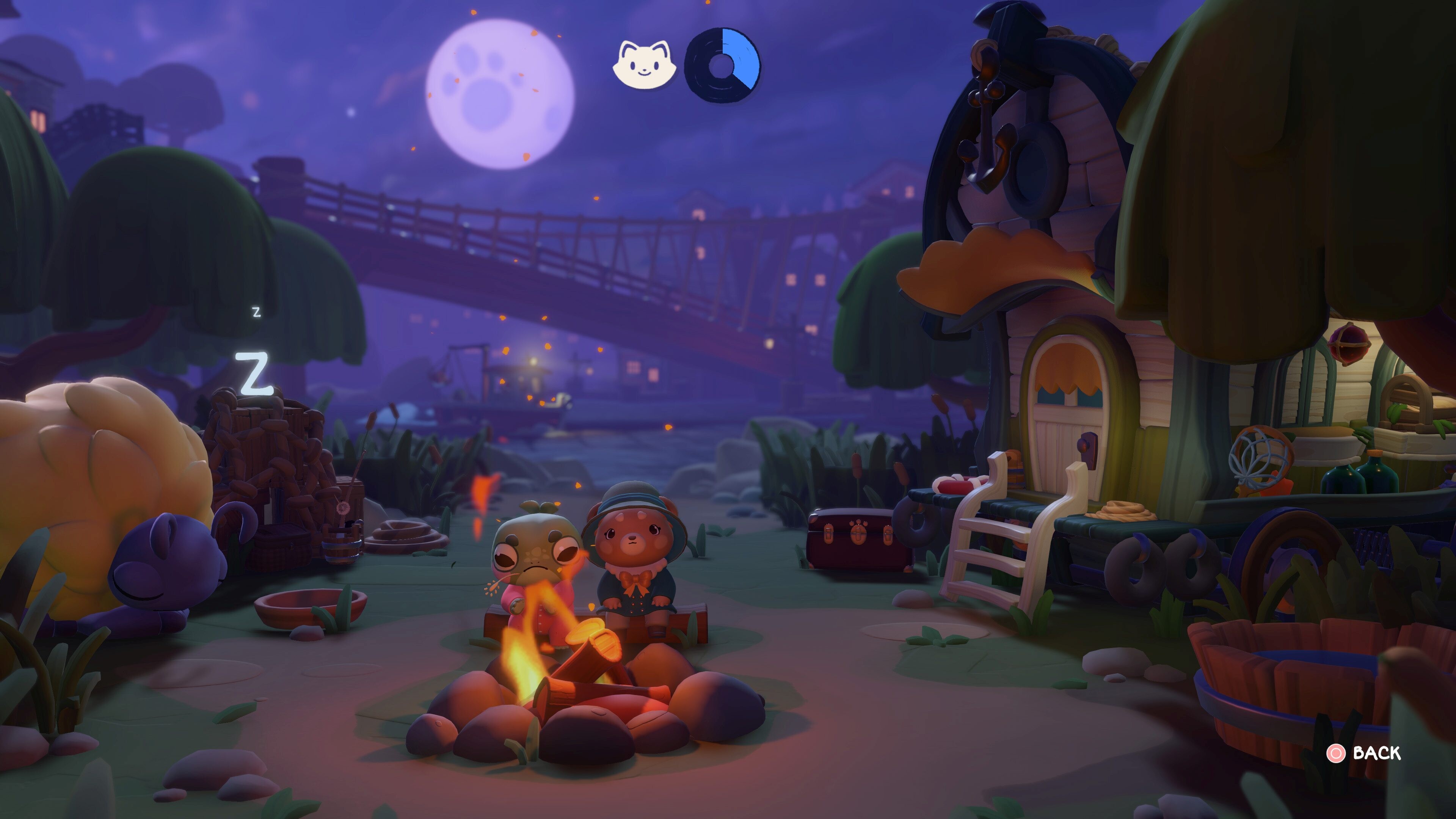 Cozy Caravan scene with characters by a campfire under a moonlit sky