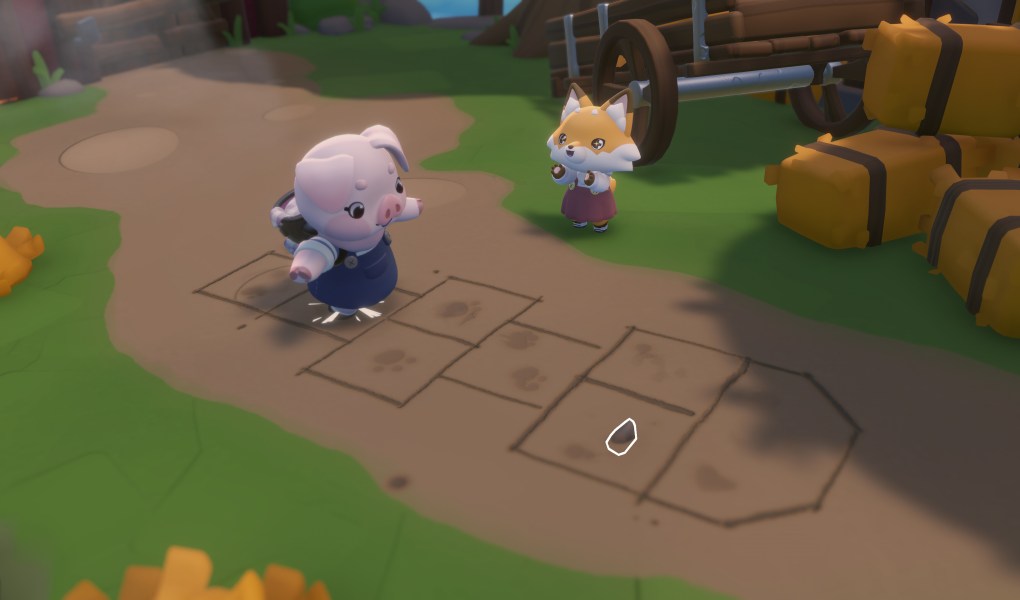 Two adorable animal characters playing hopscotch in a colorful outdoor setting.