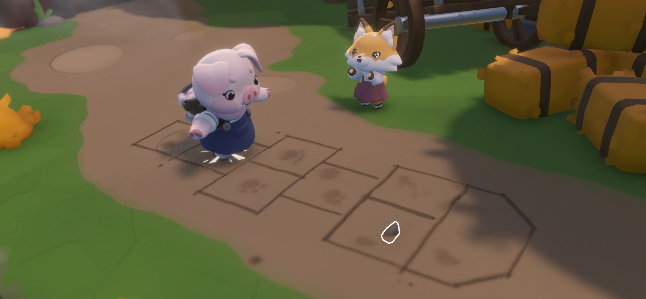 Two adorable animal characters playing hopscotch in a colorful outdoor setting.