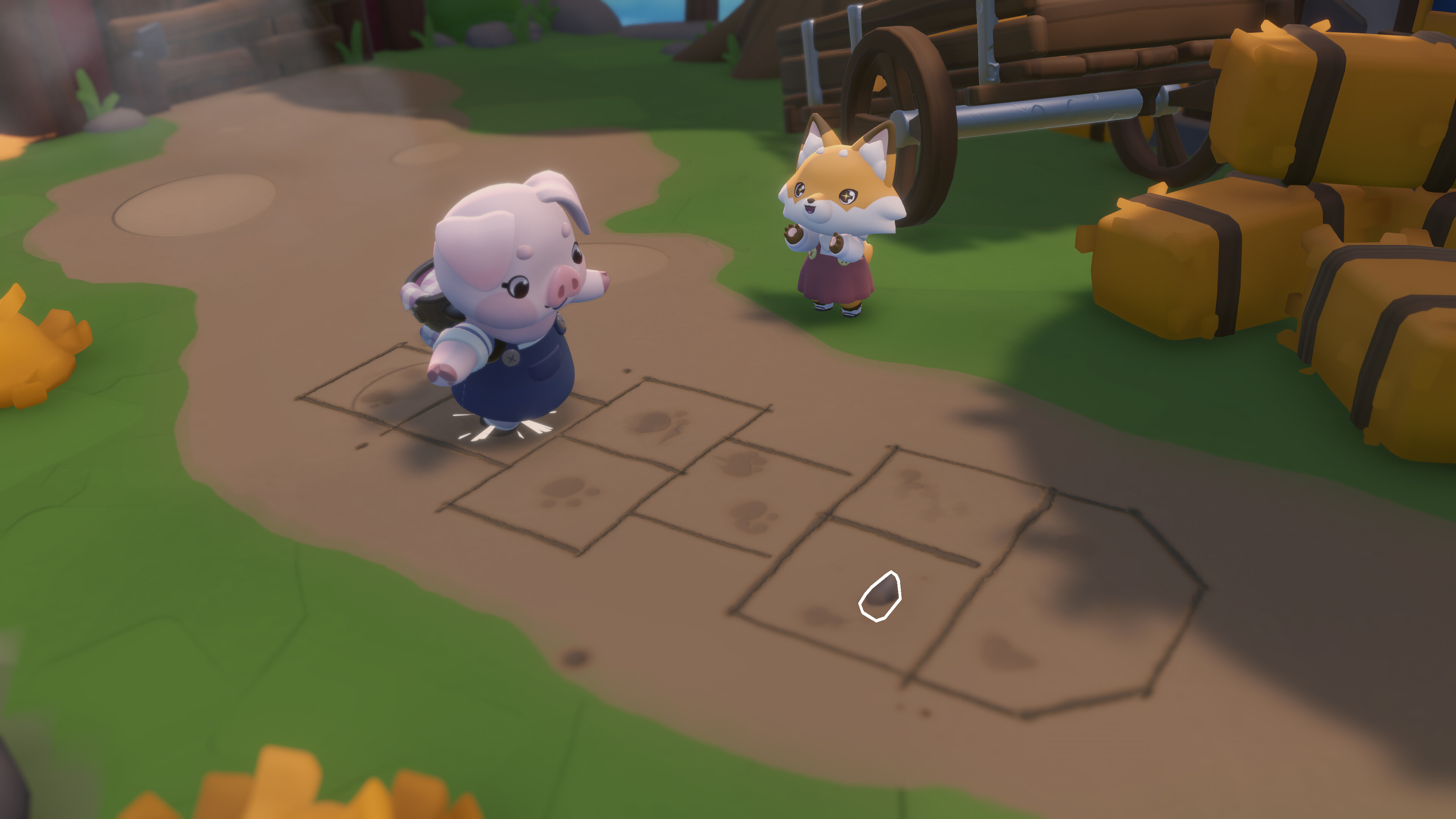 Two adorable animal characters playing hopscotch in a colorful outdoor setting.