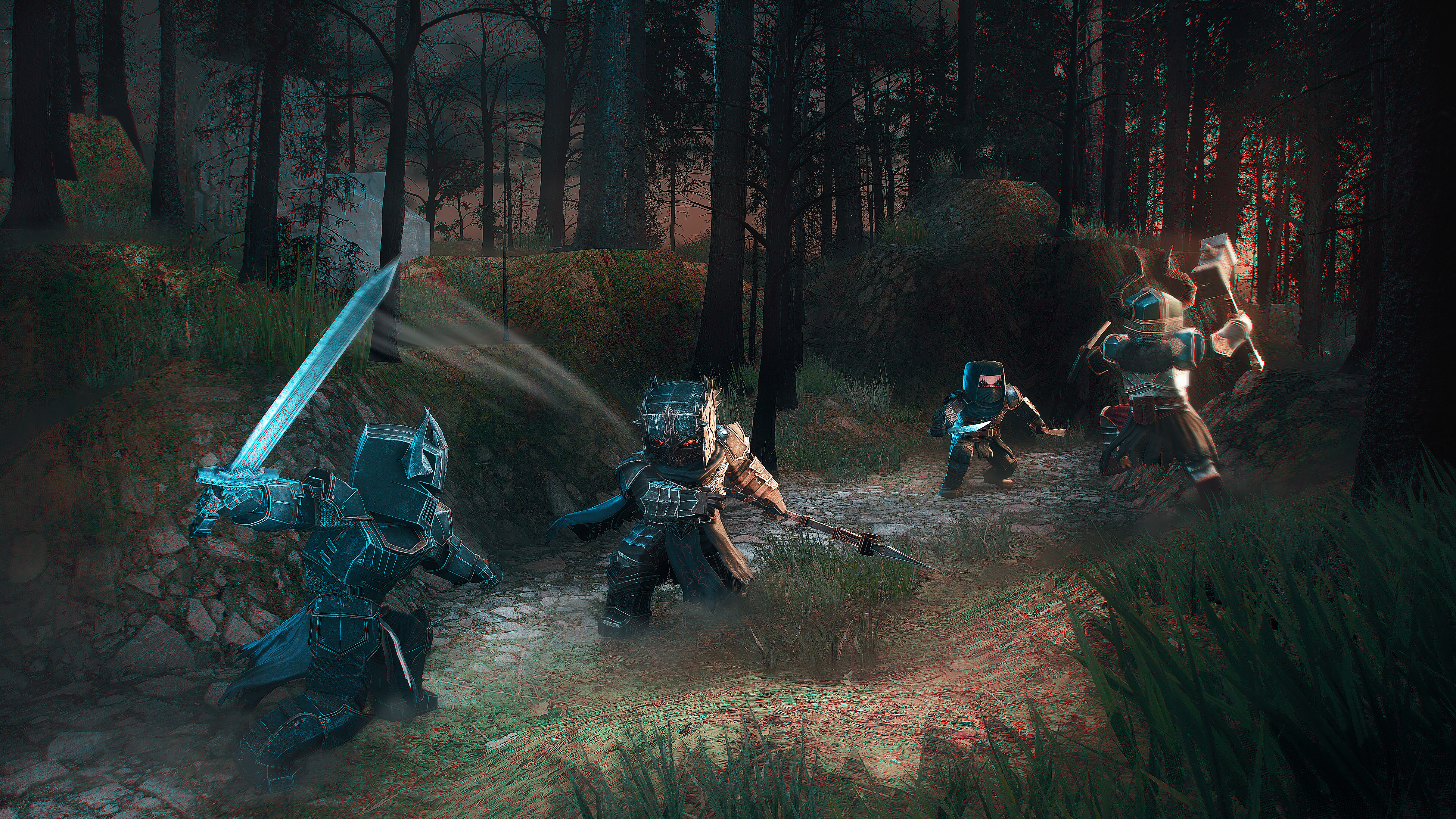 Dark Craft MMORPG combat scene in a dark fantasy forest