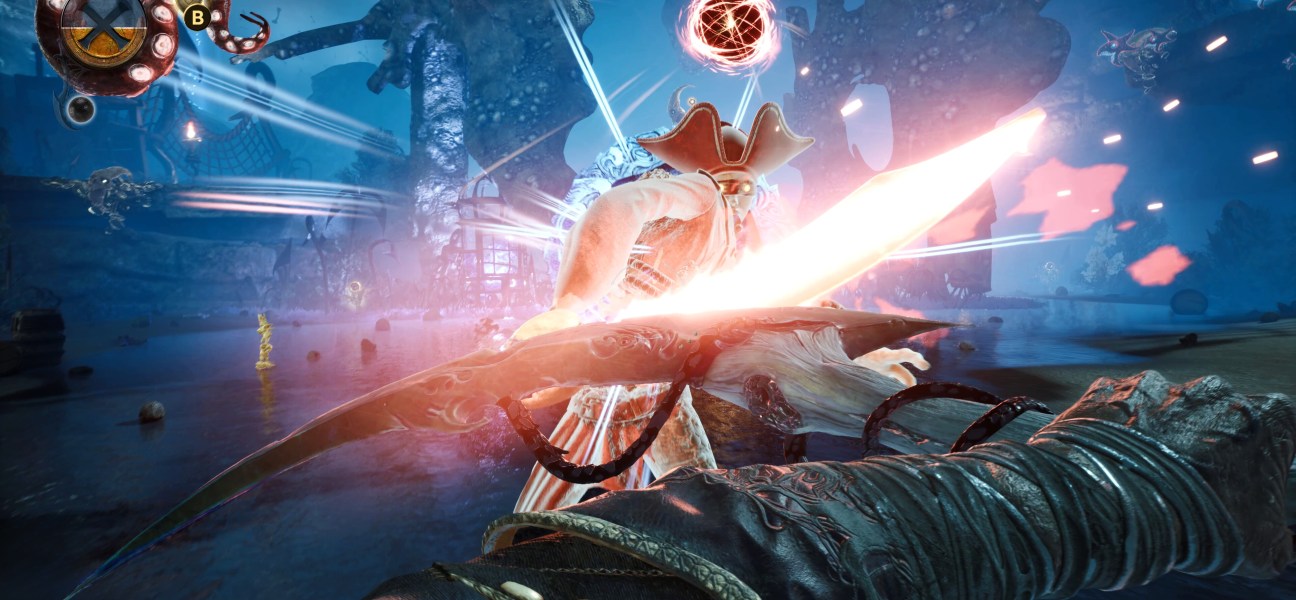 Intense sword fight in DAVY x JONES showcasing pirate action and surreal visuals