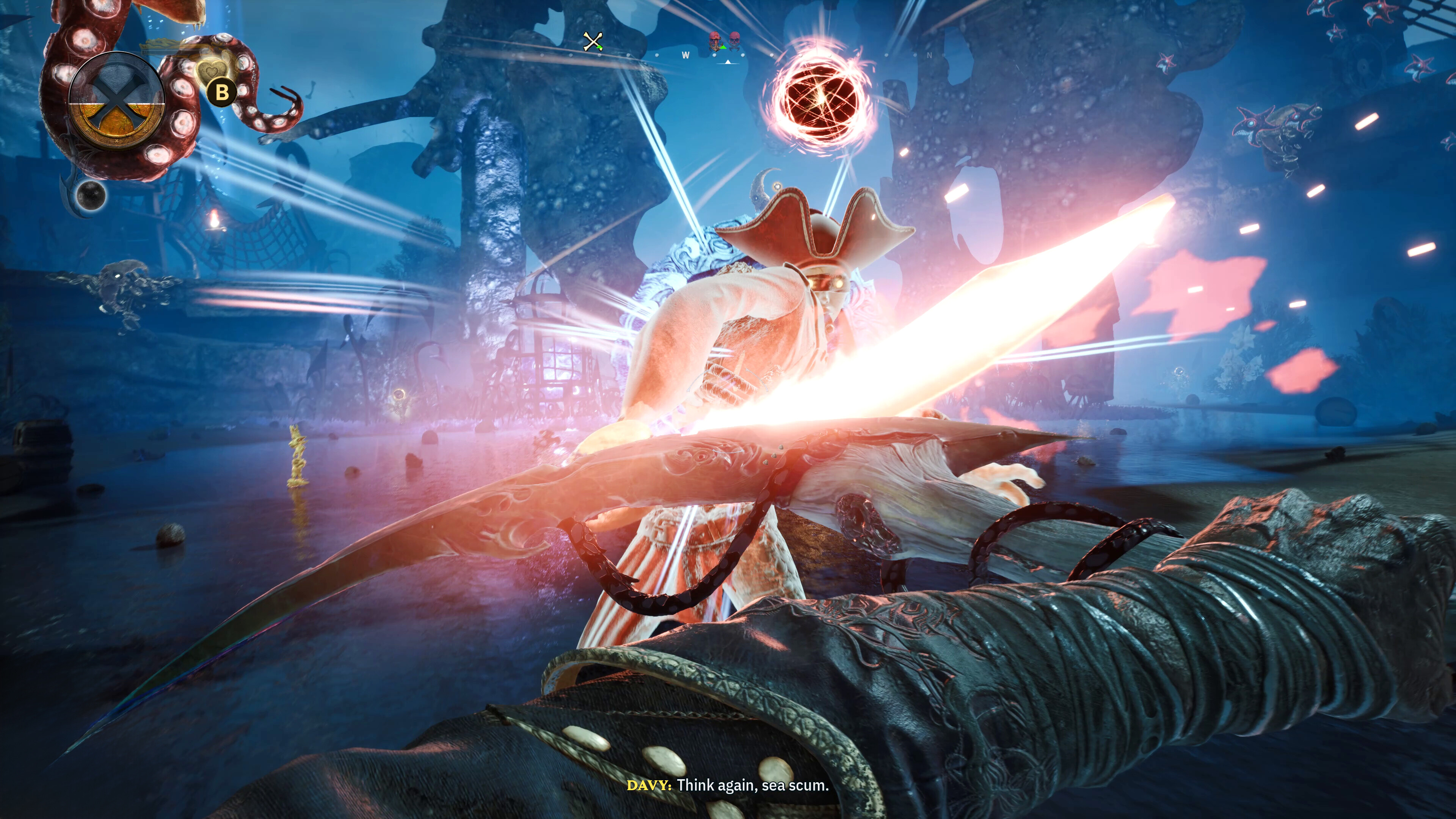 Intense sword fight in DAVY x JONES showcasing pirate action and surreal visuals