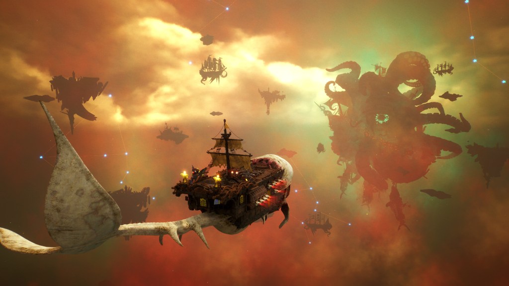 Surreal pirate adventure scene from DAVY x JONES featuring a ship on a giant creature.