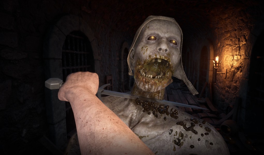 A grotesque zombie being attacked in a dark fantasy setting of Decrepit.