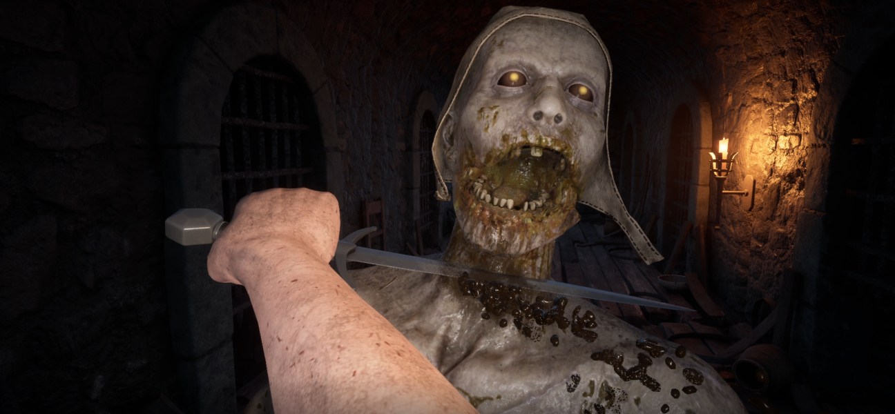 A grotesque zombie being attacked in a dark fantasy setting of Decrepit.