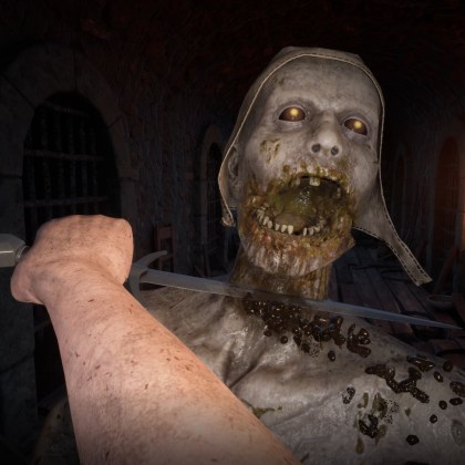 A grotesque zombie being attacked in a dark fantasy setting of Decrepit.