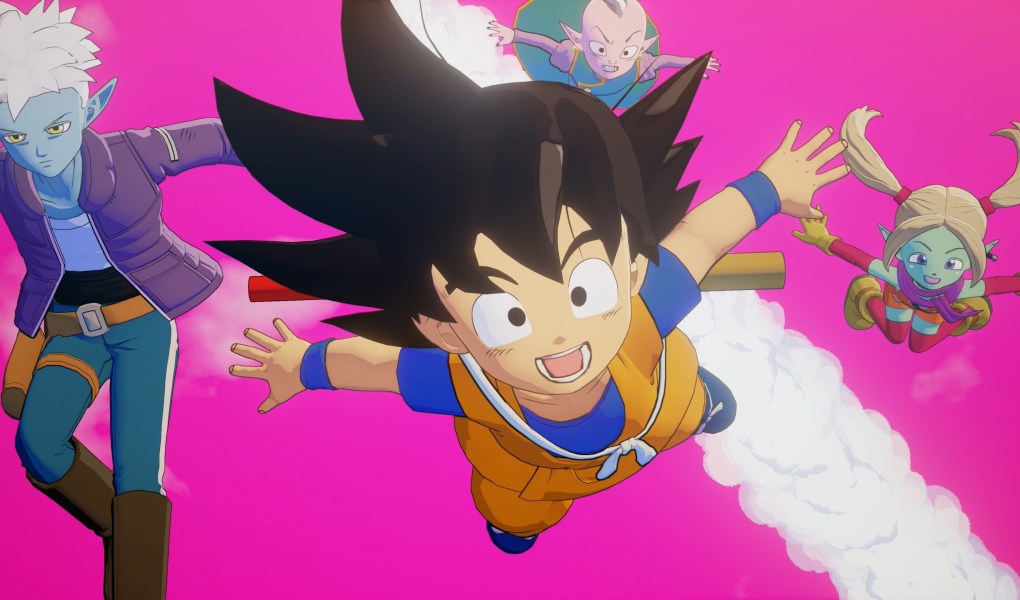 Goku and friends soaring through the Demon Realm in Dragon Ball Z: Kakarot - Daima