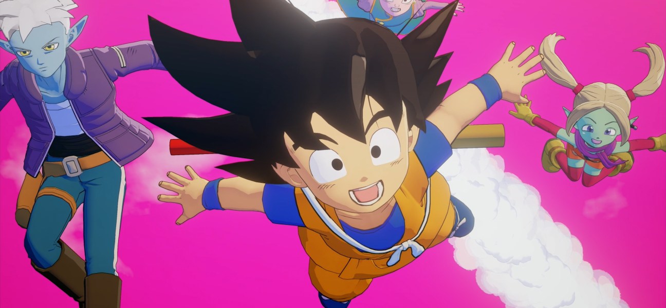 Goku and friends soaring through the Demon Realm in Dragon Ball Z: Kakarot - Daima
