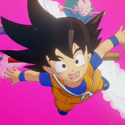 Goku and friends soaring through the Demon Realm in Dragon Ball Z: Kakarot - Daima