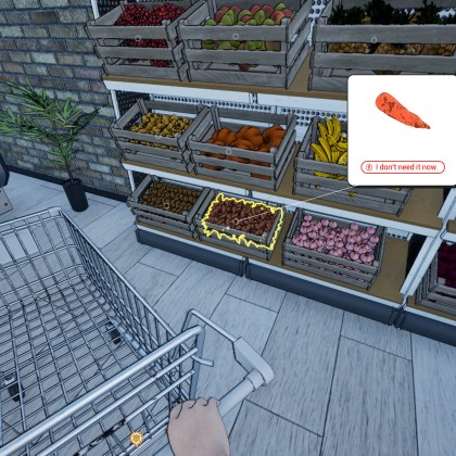 Grocery shopping scene in Dream Village with a shopping cart and fresh produce.