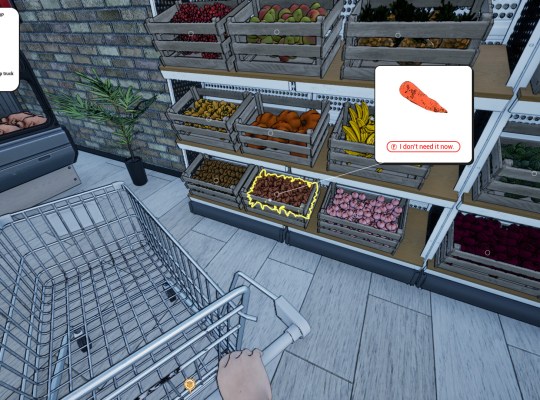 Grocery shopping scene in Dream Village with a shopping cart and fresh produce.