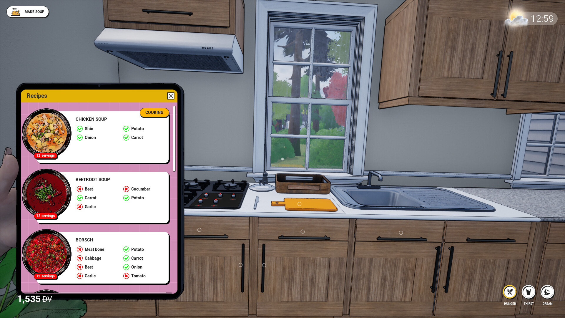 Cooking interface in Dream Village showcasing recipes and kitchen setup