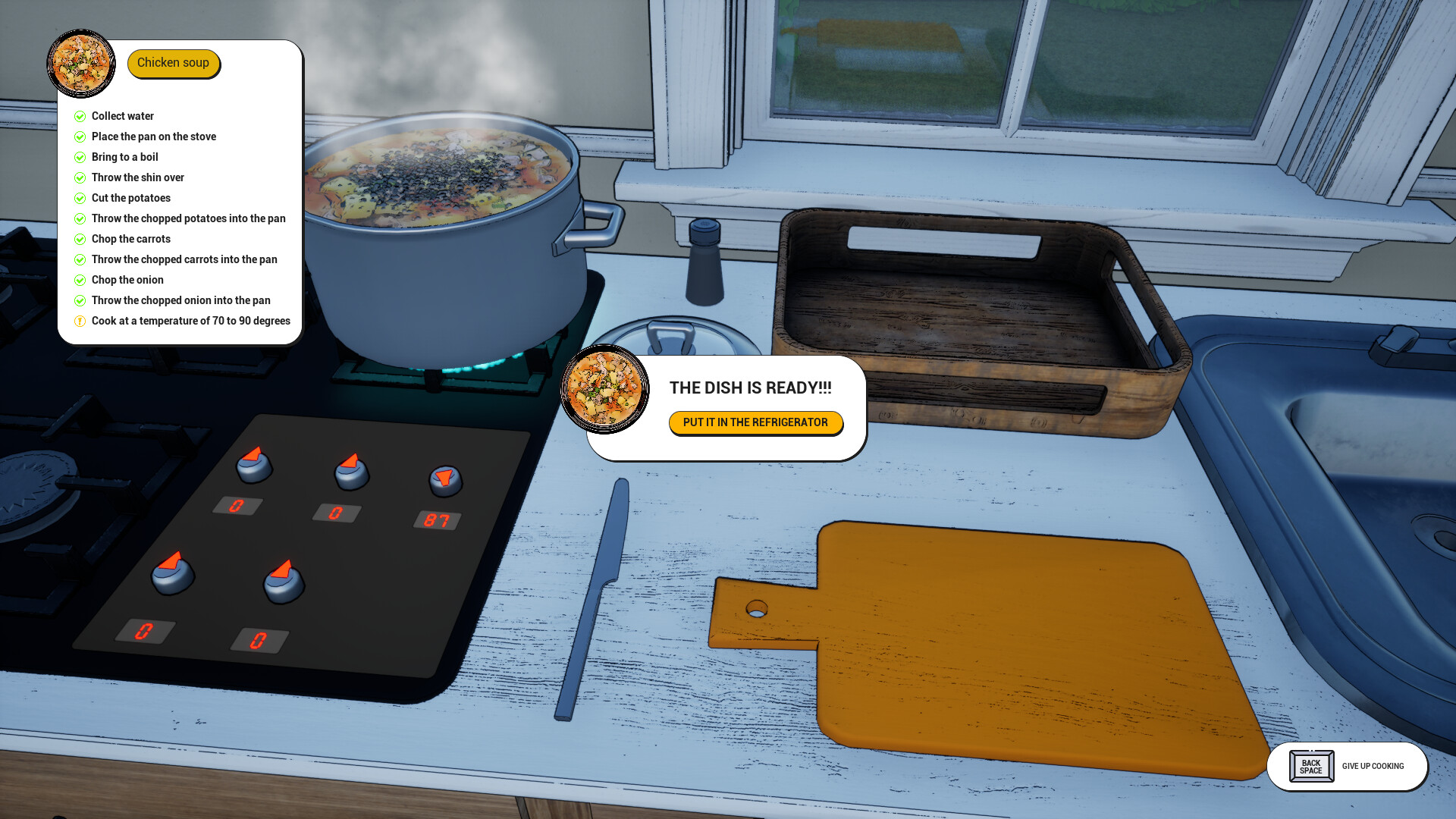 Cooking scene in Dream Village with a pot of chicken soup on the stove.