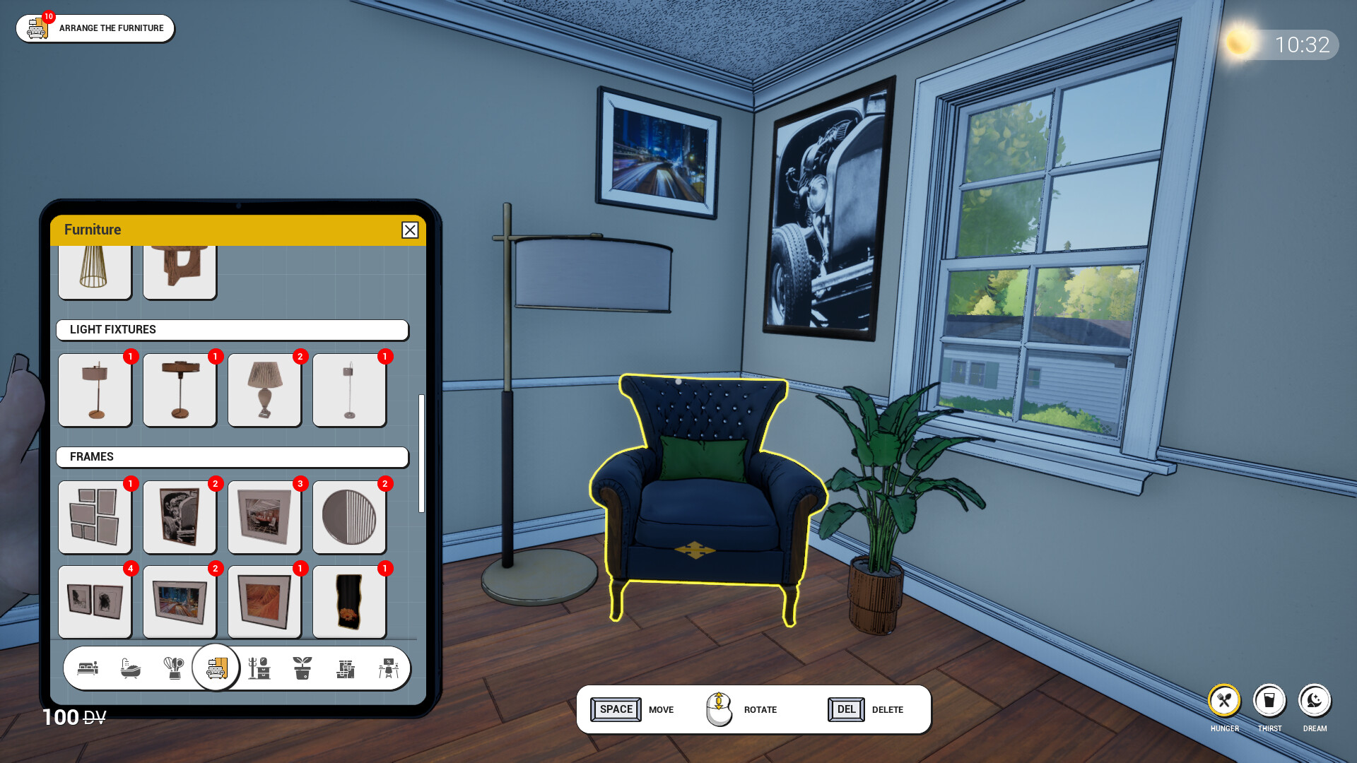 Cozy interior design scene in Dream Village with furniture selection UI.