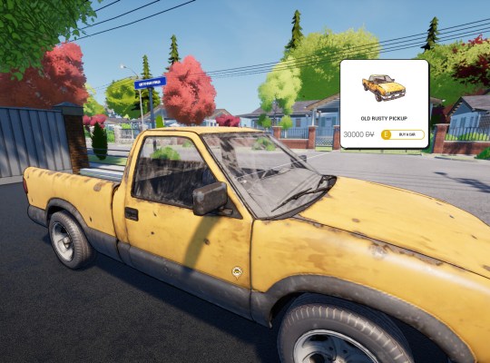 Old rusty pickup truck for sale in Dream Village simulation game