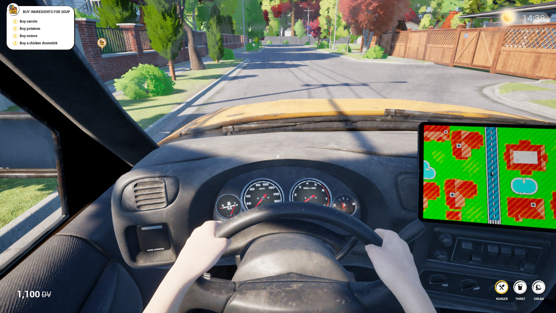 Driving view in Dream Village showcasing a cozy village landscape