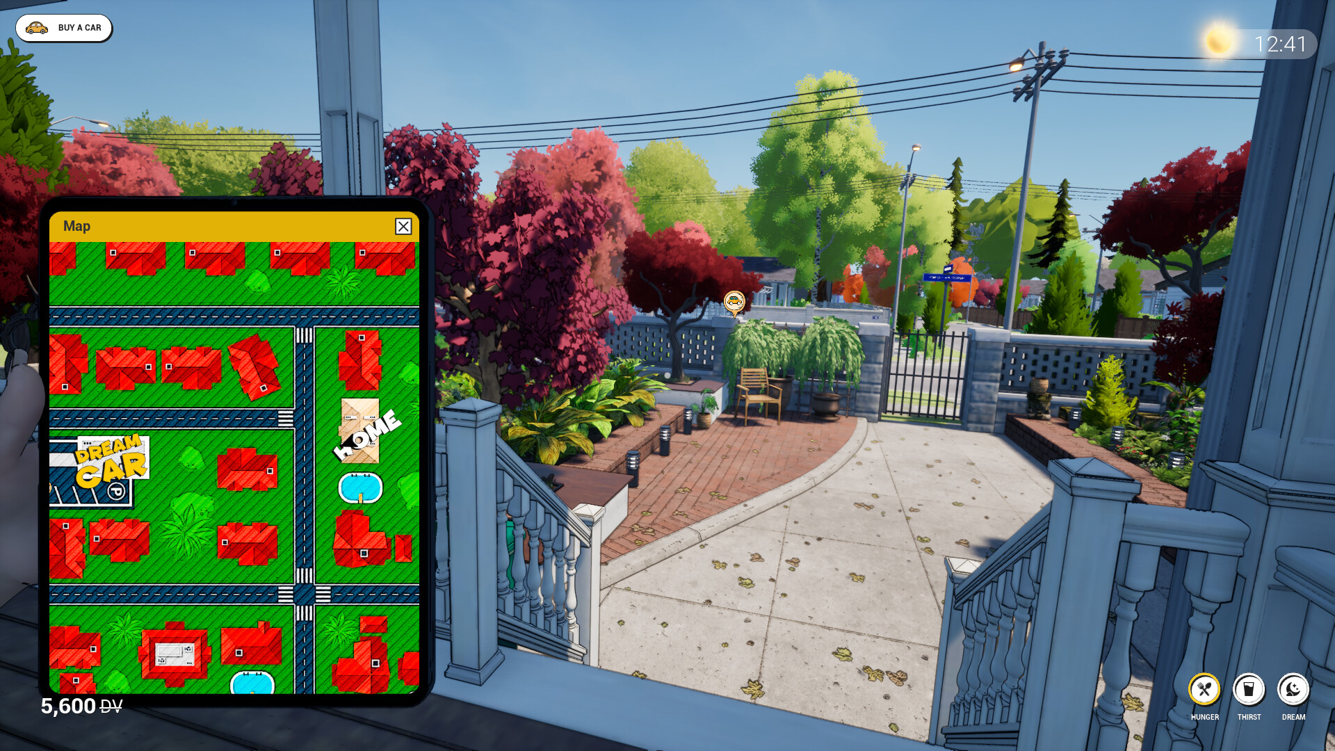 Dream Village game screenshot showcasing a vibrant village landscape and map interface.