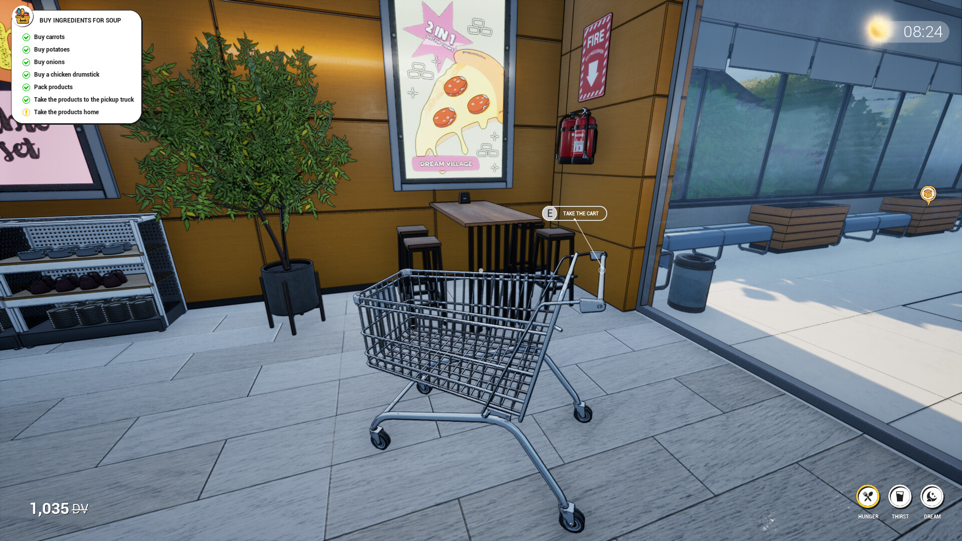 Shopping scene in Dream Village showcasing a grocery cart and store interior.