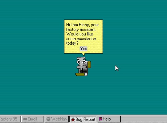 Factory 95 game interface with assistant character offering help.