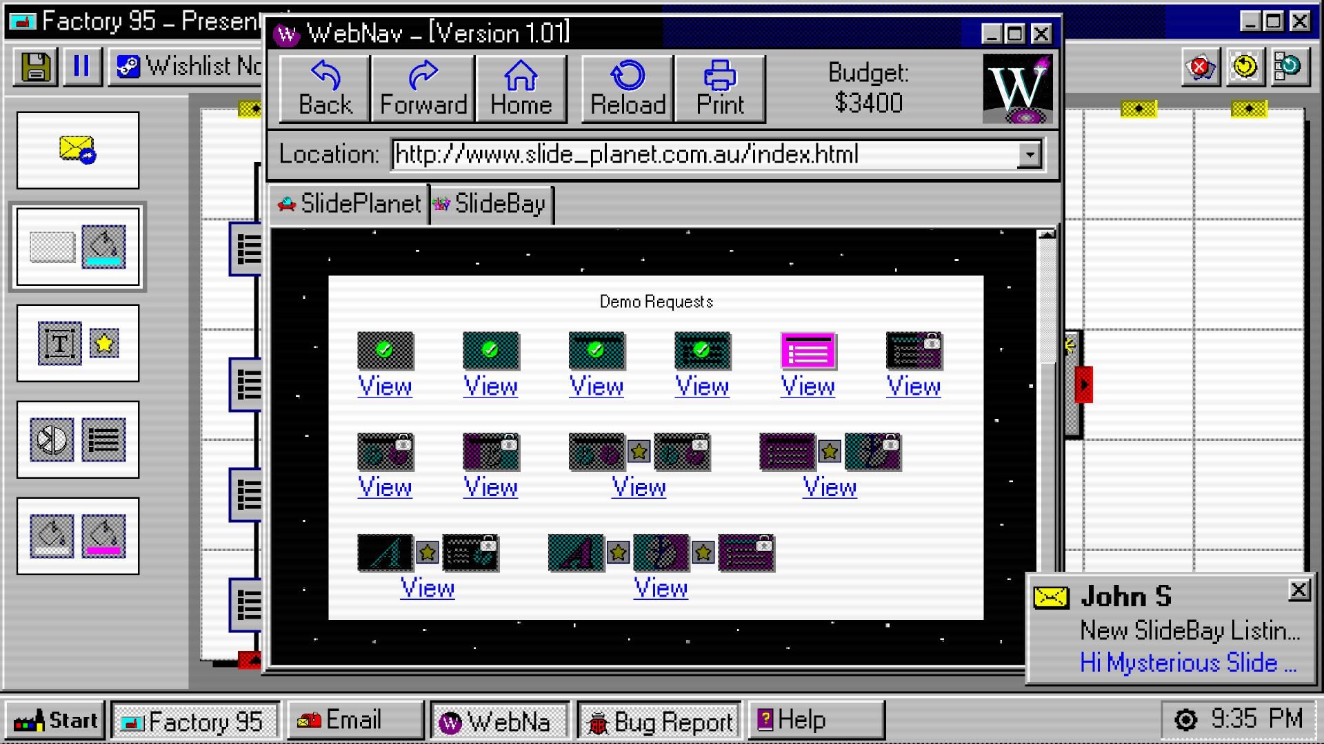 Factory 95 demo announcement screenshot showcasing retro Windows interface.