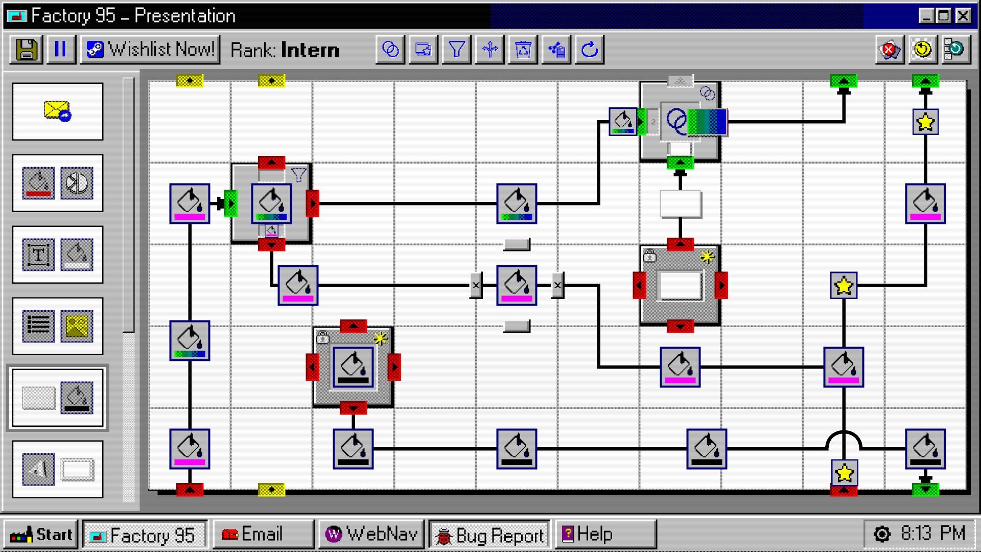 Factory 95 automation game interface showcasing factory layout and management tools.