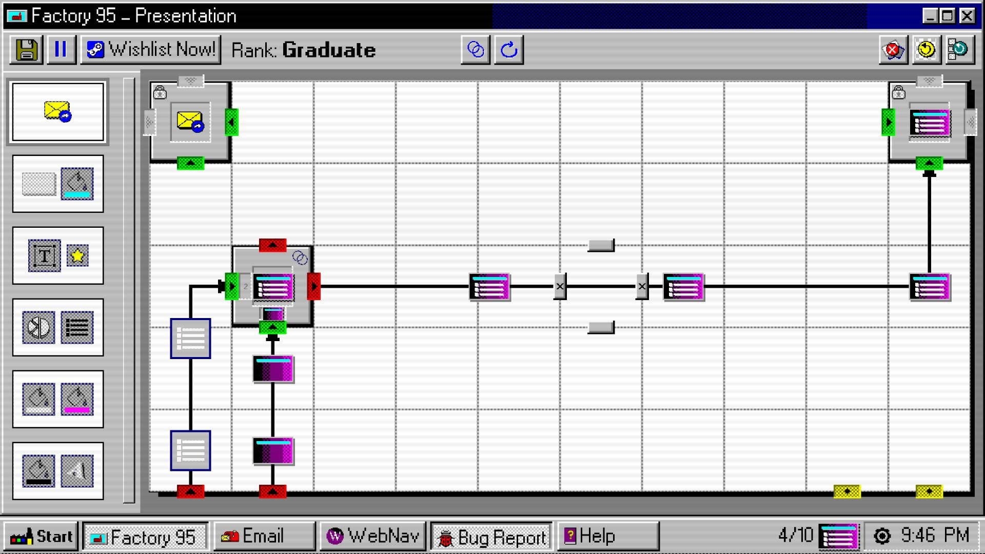 Screenshot of Factory 95's retro Windows-inspired interface showcasing factory automation.