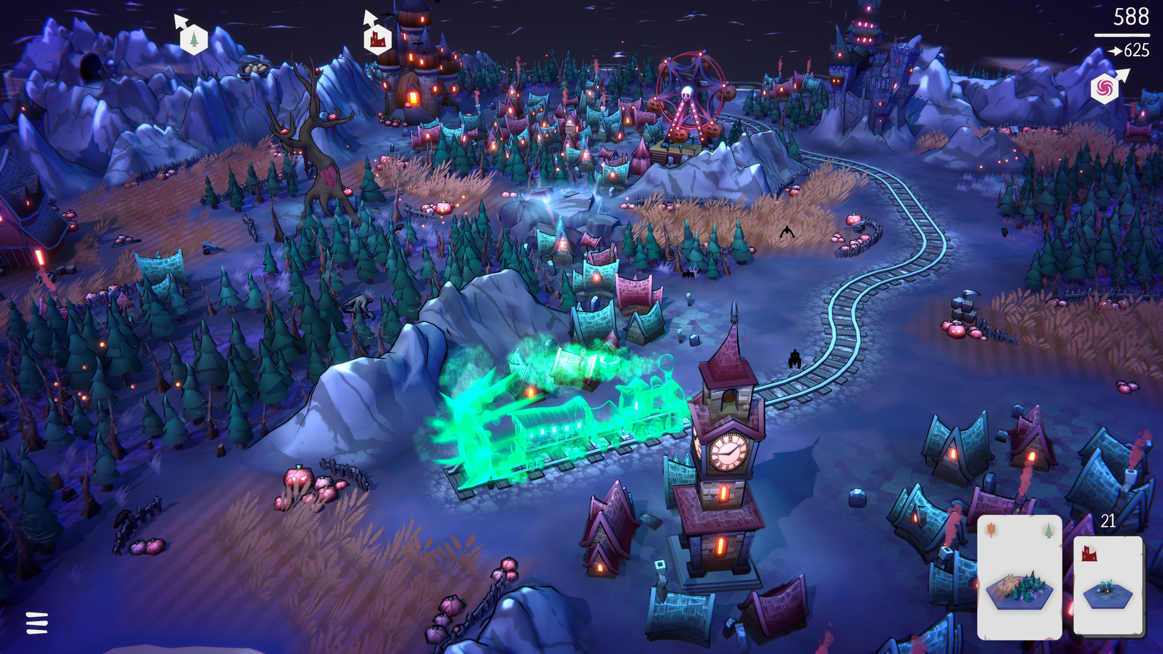 A vibrant, spooky landscape in Fangtopia featuring a cozy builder scene.