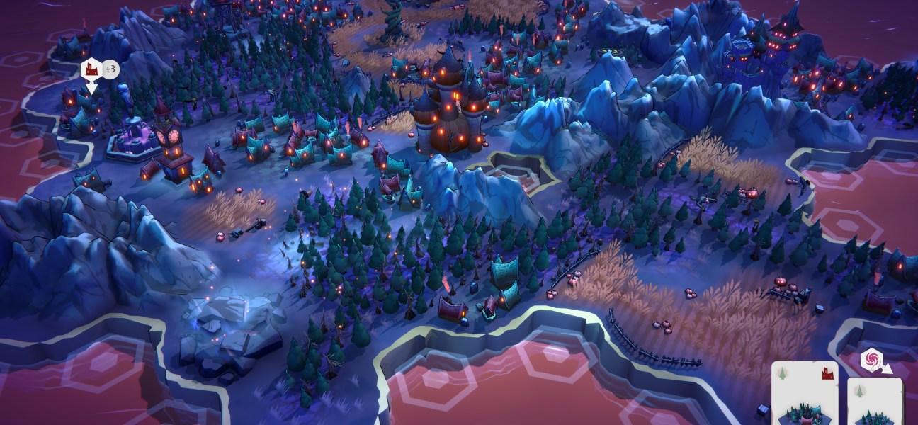 A vibrant, tile-based landscape of Fangtopia showcasing spooky buildings and lush forests.