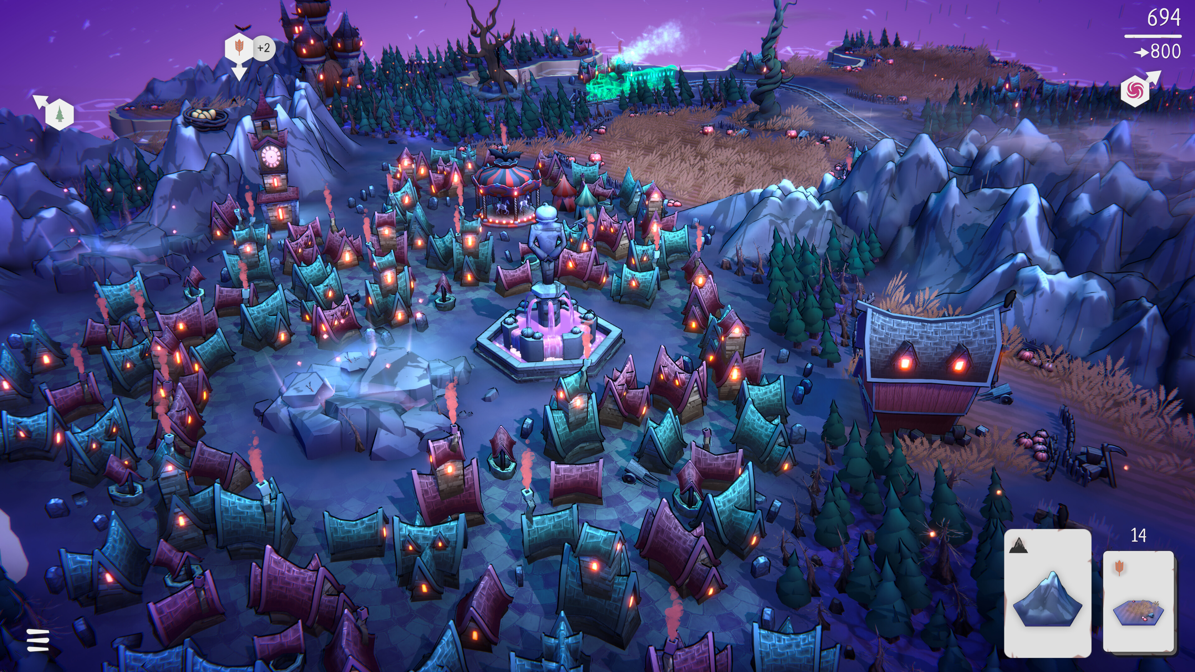 A cozy yet spooky village layout in Fangtopia with colorful tents and eerie lighting.
