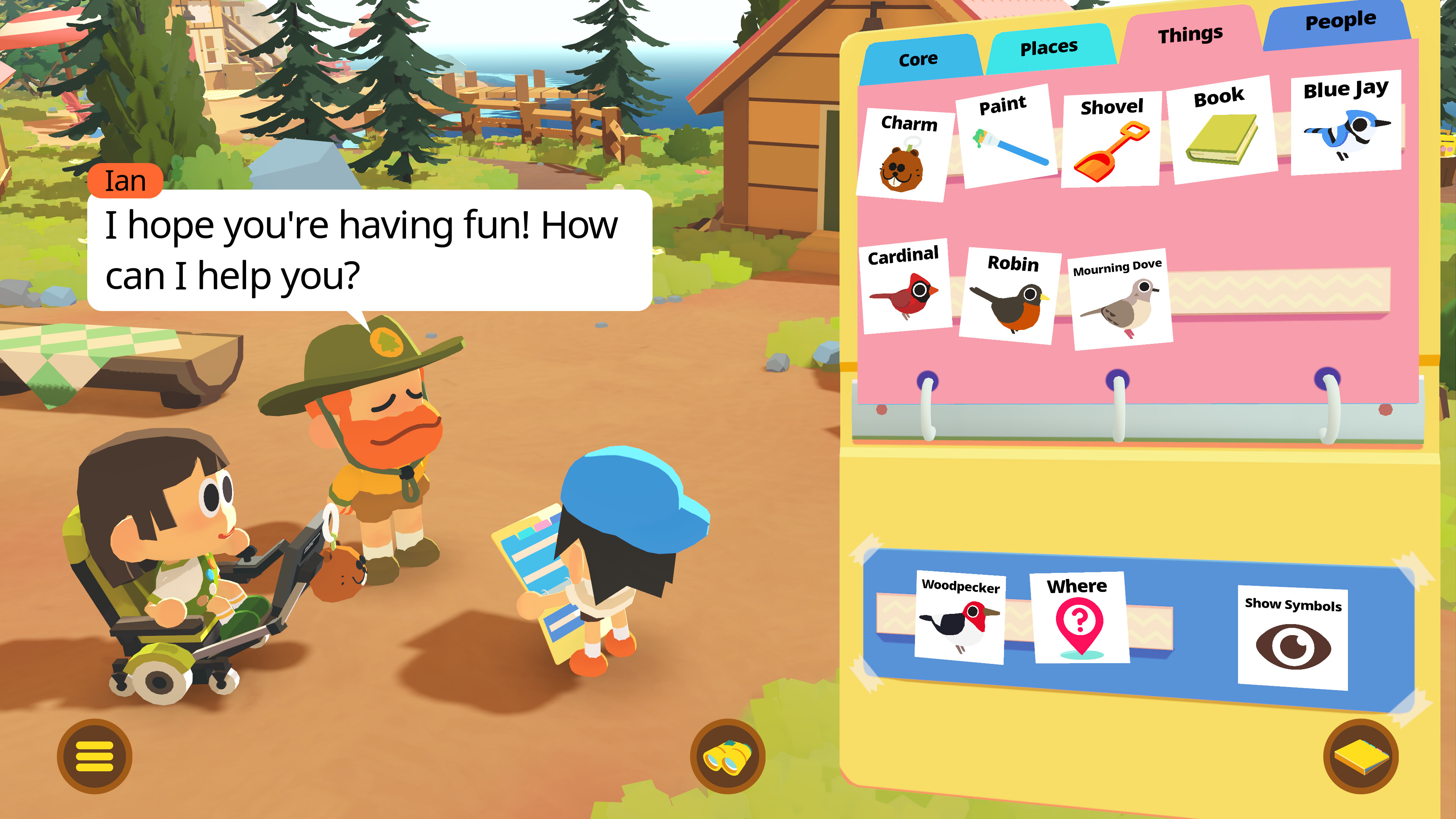 Two characters interact in a colorful camp setting in Find Your Words game.