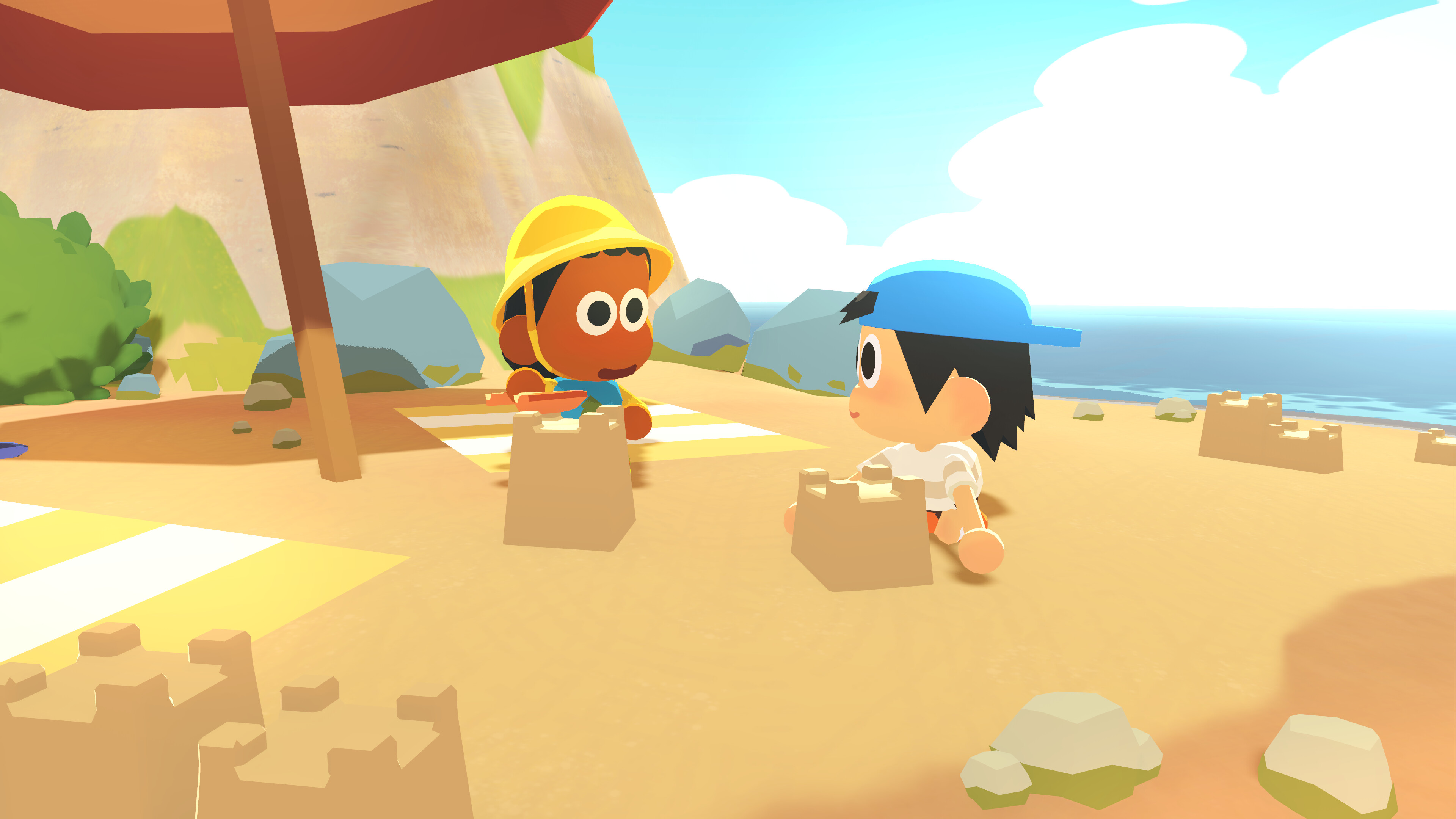 Two children building sandcastles at a beach in Find Your Words game.
