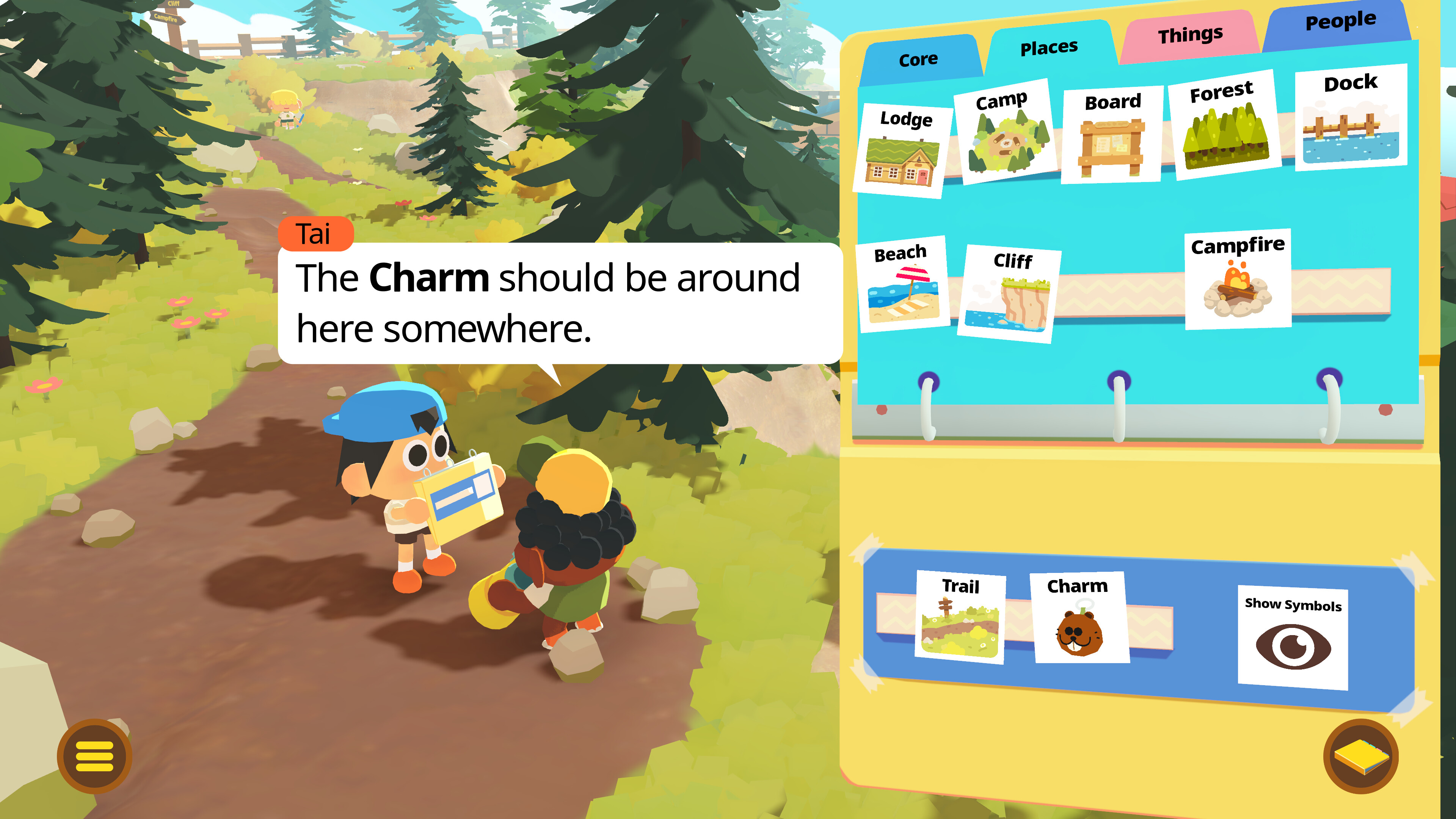 Two characters exploring a vibrant camp setting in Find Your Words game.