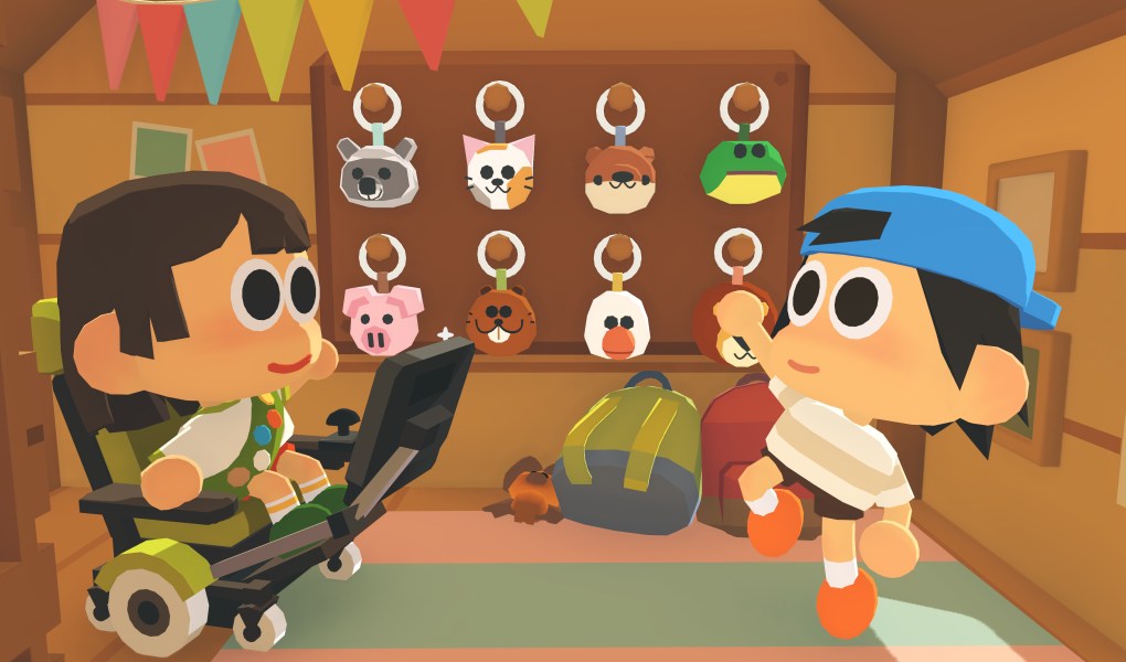 Two kids at summer camp exploring keychains in Find Your Words game.