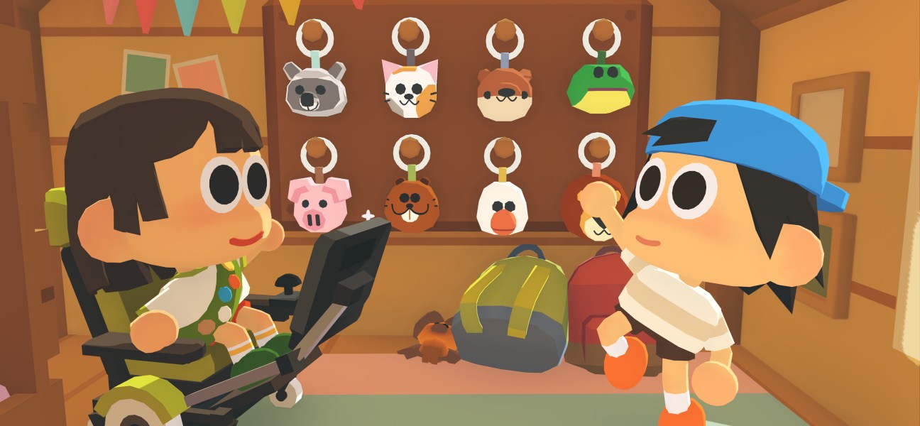 Two kids at summer camp exploring keychains in Find Your Words game.