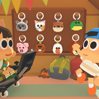 Two kids at summer camp exploring keychains in Find Your Words game.