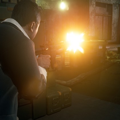 Character firing a weapon in a dark, gritty environment of Gang of Dragon game.