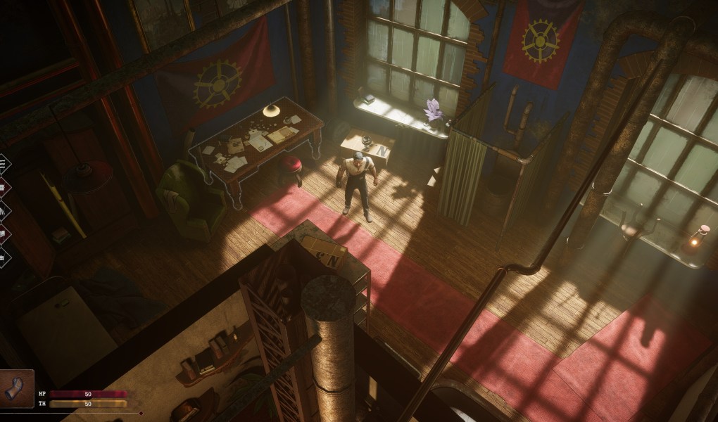 Isometric view of a character in a feudalpunk apartment with detailed environment.