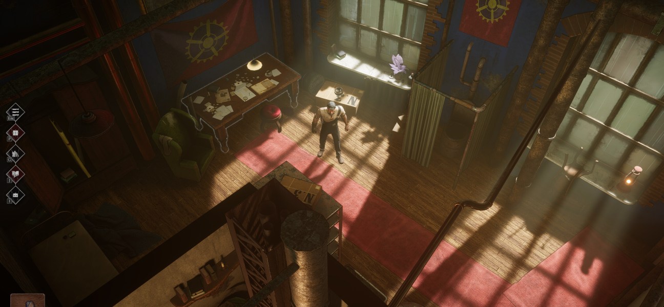 Isometric view of a character in a feudalpunk apartment with detailed environment.