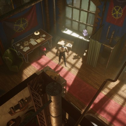 Isometric view of a character in a feudalpunk apartment with detailed environment.