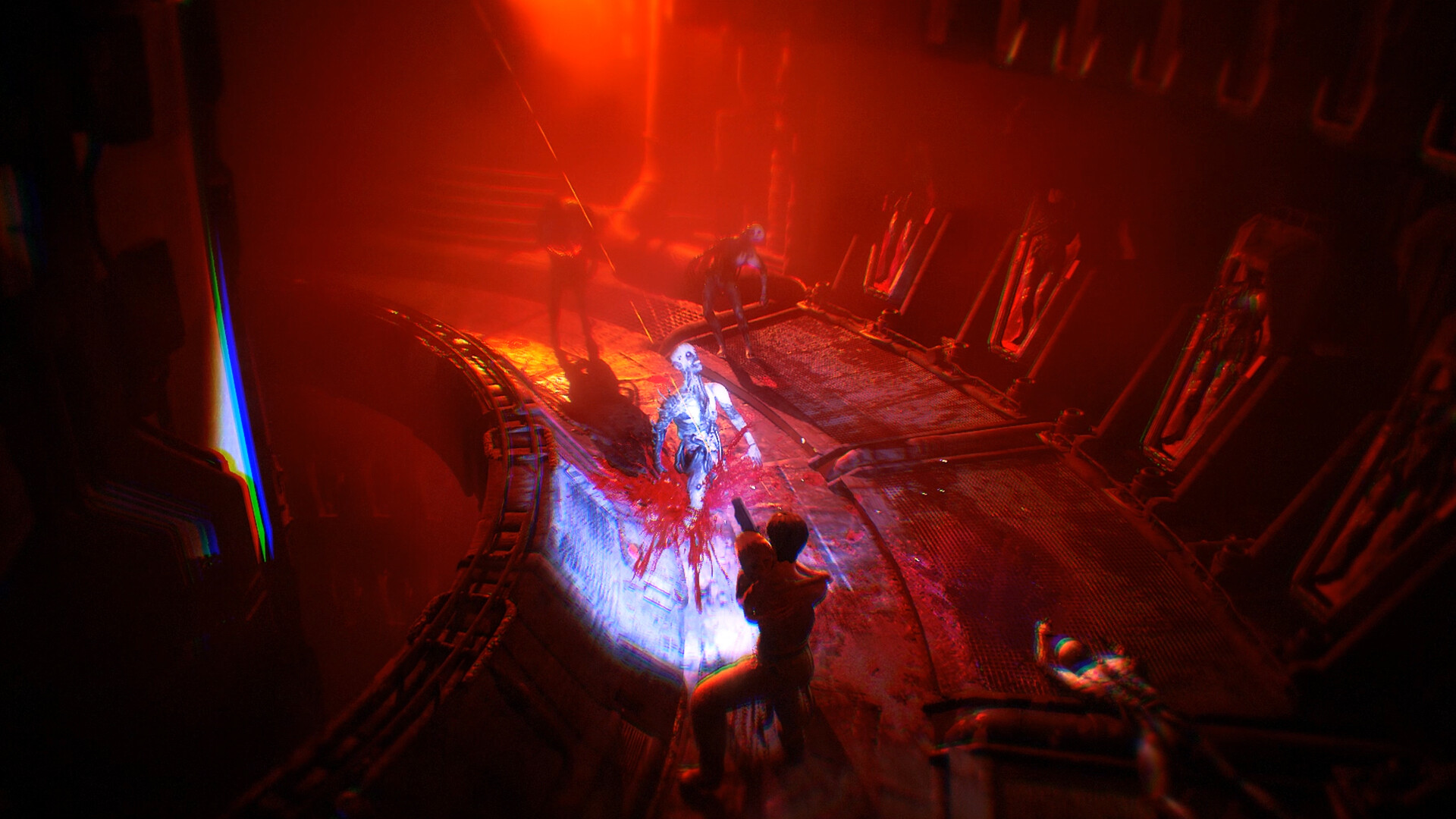 Intense survival horror scene from Graft with characters and vivid lighting