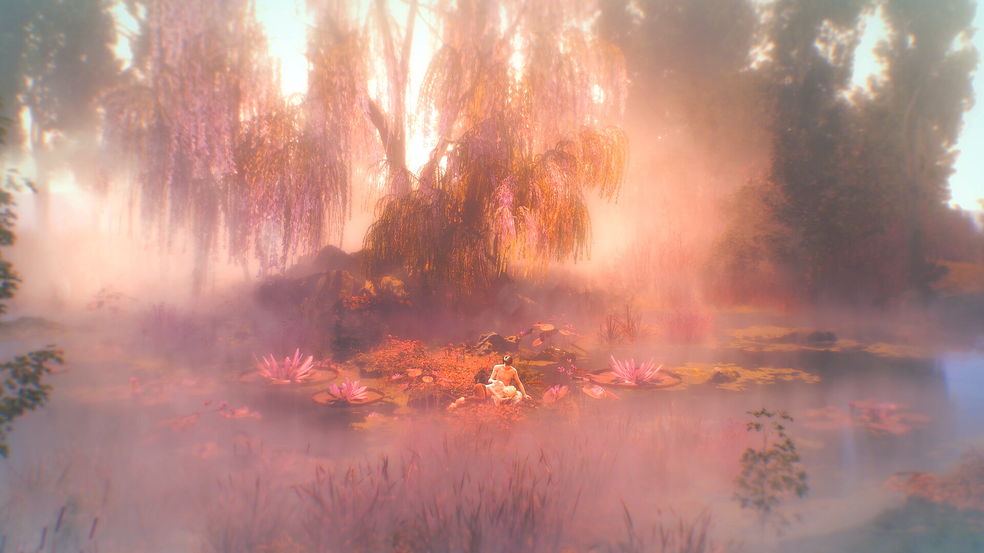 Dreamy landscape with a figure by a misty pond surrounded by flowers