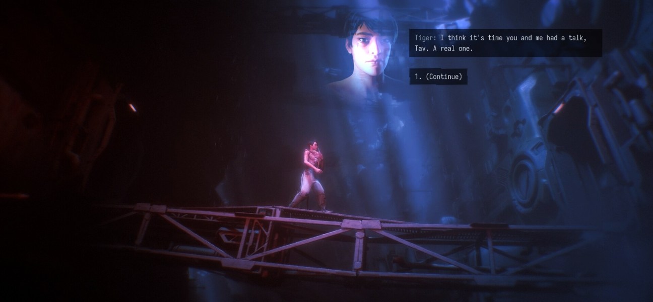 Character dialogue scene in Graft, showcasing post-cyberpunk aesthetics