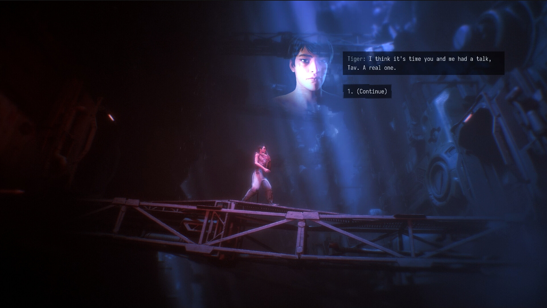 Character dialogue scene in Graft, showcasing post-cyberpunk aesthetics
